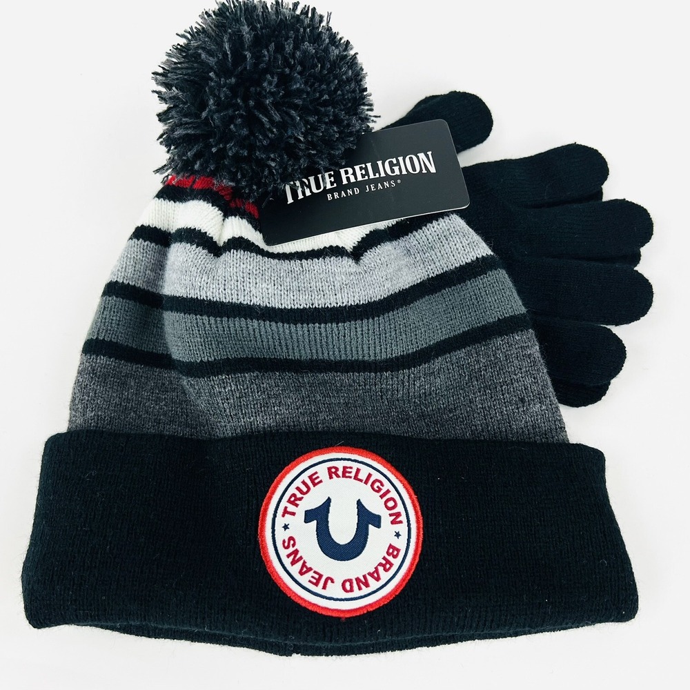NWT True Religion Kids Hat & Gloves 2-Pieces Set Black Grey Logo Front One Size
